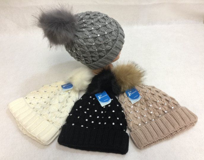 48 Pieces Ladies Knitted Hat With Fur Pompom With Rhinestones - Winter Beanie Hats