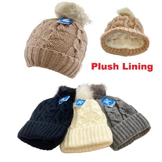 12 Pieces Ladies Knitted Hat With Fur Pompom Sherpa Lined - Winter Beanie Hats