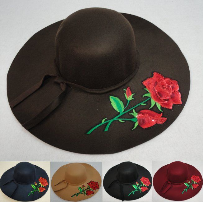 24 Pieces Ladies Felt Winter Hat W Ribbon [xl Brim] Rose Applique - Fashion Winter Hats