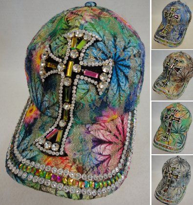 24 Wholesale Lace Floral/printed Hat With Bling [cross]