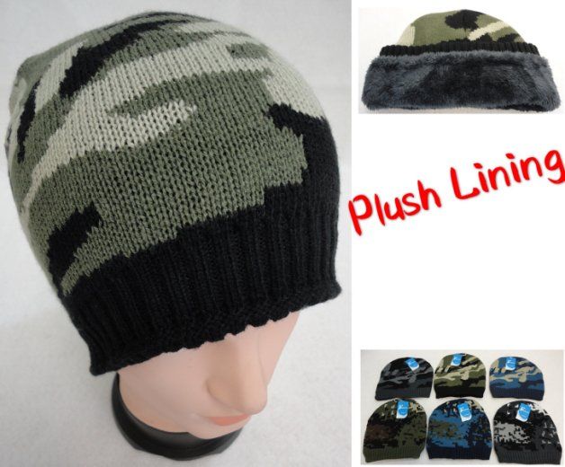 48 Pieces Knitted Winter Beanie Assorted Camo Plush Lining - Winter Beanie Hats