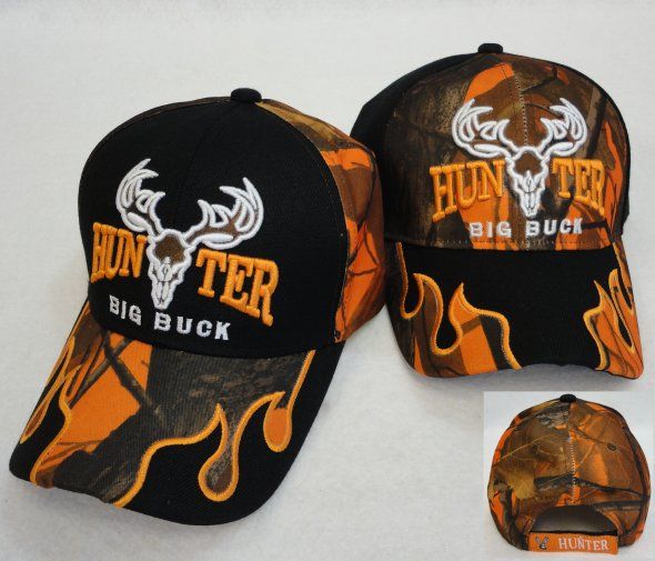 24 Pieces Hunter/big Buck Hat [camo Flames On Bill] - Baseball Caps & Snap Backs
