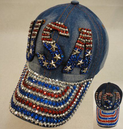 18 Pieces Denim Hat With Bling [usa] Red/white/blue - Hats With Sayings
