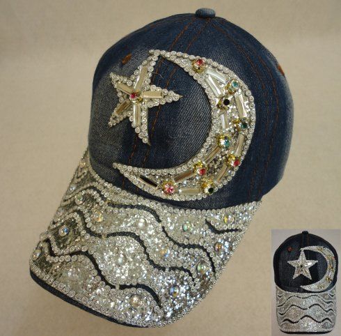 18 Pieces Denim Hat With Bling [moon & Star] Colored Gems - Hats With Sayings