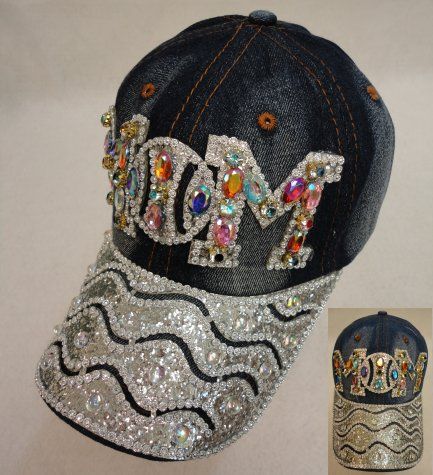 18 Pieces Denim Hat With Bling Baseball Mom Colored Gems - Baseball Caps & Snap Backs