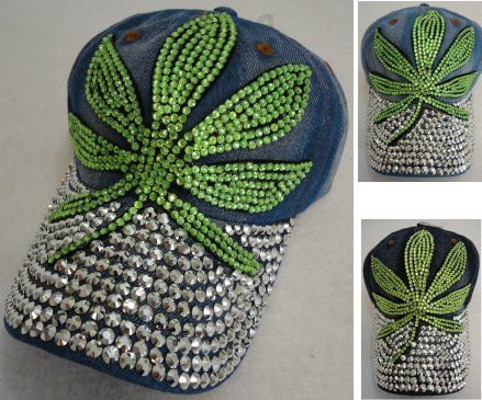 24 Wholesale Denim Hat With Bling *silver [green Leaf]