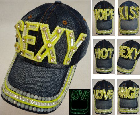 18 Wholesale Denim Hat With Bling Glow In The Dark Assortment