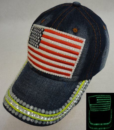 18 Pieces Denim Hat With Bling *glow In The Dark [flag] - Hats With Sayings