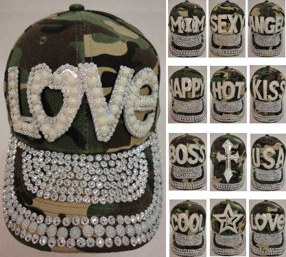 24 Pieces Camo Hat With Bling/pearls [assortment] - Baseball Caps & Snap Backs