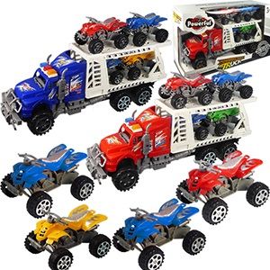 24 Pieces Friction Powered Semis With/ 4 Atvs - Cars, Planes, Trains & Bikes
