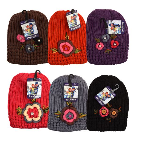 48 Pieces Womens Winter Knit Hat With Floral Rhinestones - Fashion Winter Hats