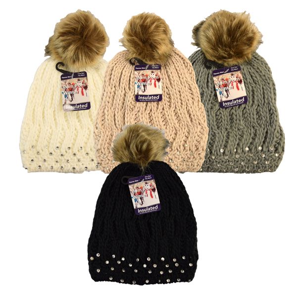 24 Pieces Winter Pom Pom Hat With Rhinestones Assorted Colors - Winter Beanie Hats
