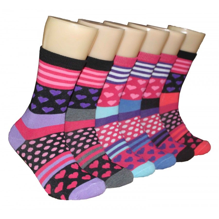 360 Pairs Women's Printed Crew Socks Hearts, Stripes And Dots Pattern - Womens Crew Sock