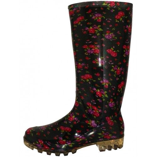 12 Pairs Women's 13.5 Inches Waterproof Rubber Rain Boots ( *black With Red Floral Print ) - Women's Boots