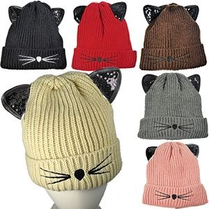 36 Pieces Knit Cat Watch Caps W/ Sequined Ears - Winter Beanie Hats