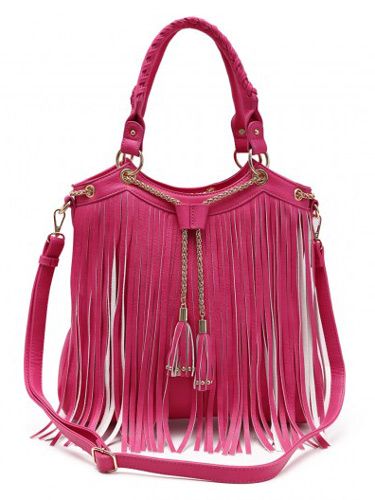 4 Pieces Fashion Purse With Long Fringes And Chain Fuchsia