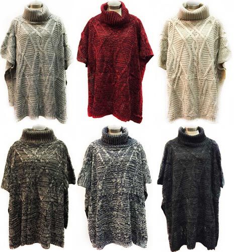 12 Wholesale Knitted Long Poncho With Cowl Collar Assorted