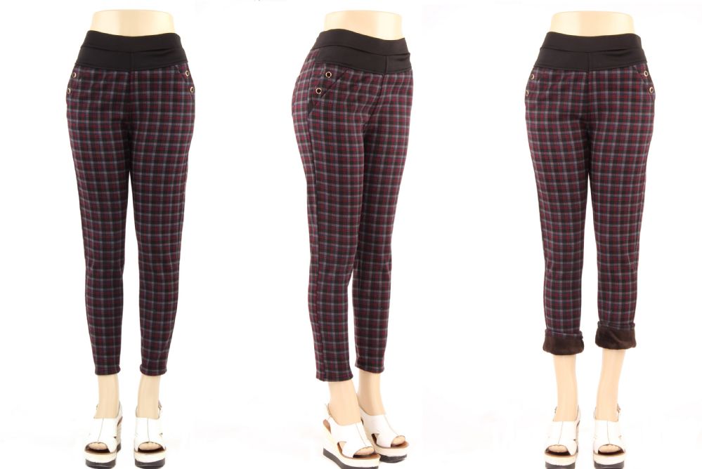 36 Wholesale Ladies Checkered Fur Lined Leggings - Assorted Colors In Size M-L