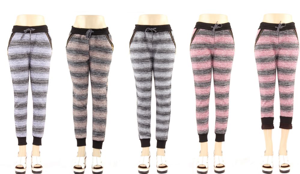 36 Wholesale Ladies Fur Lined Heather Striped Leggings In Size M-L
