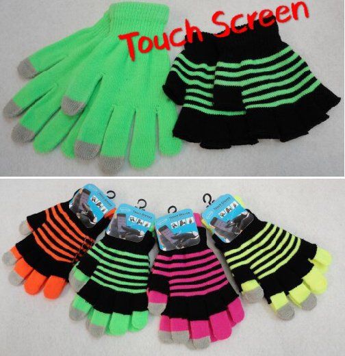 36 Wholesale Double Layer Neon Touch Screen Gloves Stripes
