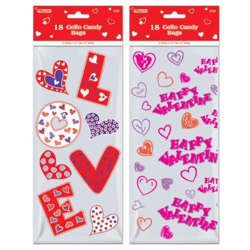 96 Pieces of Eighteen Count Cello Candy Bag Valentines
