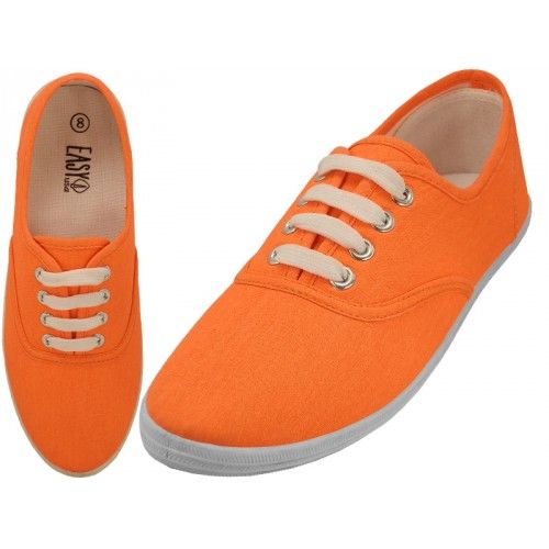 24 Pairs of Women's Lace Up Casual Canvas Shoes Neon Orange