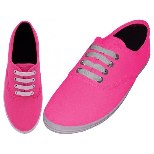 24 Pairs of Women's Lace Up Casual Canvas Shoes Neon Fuchsia