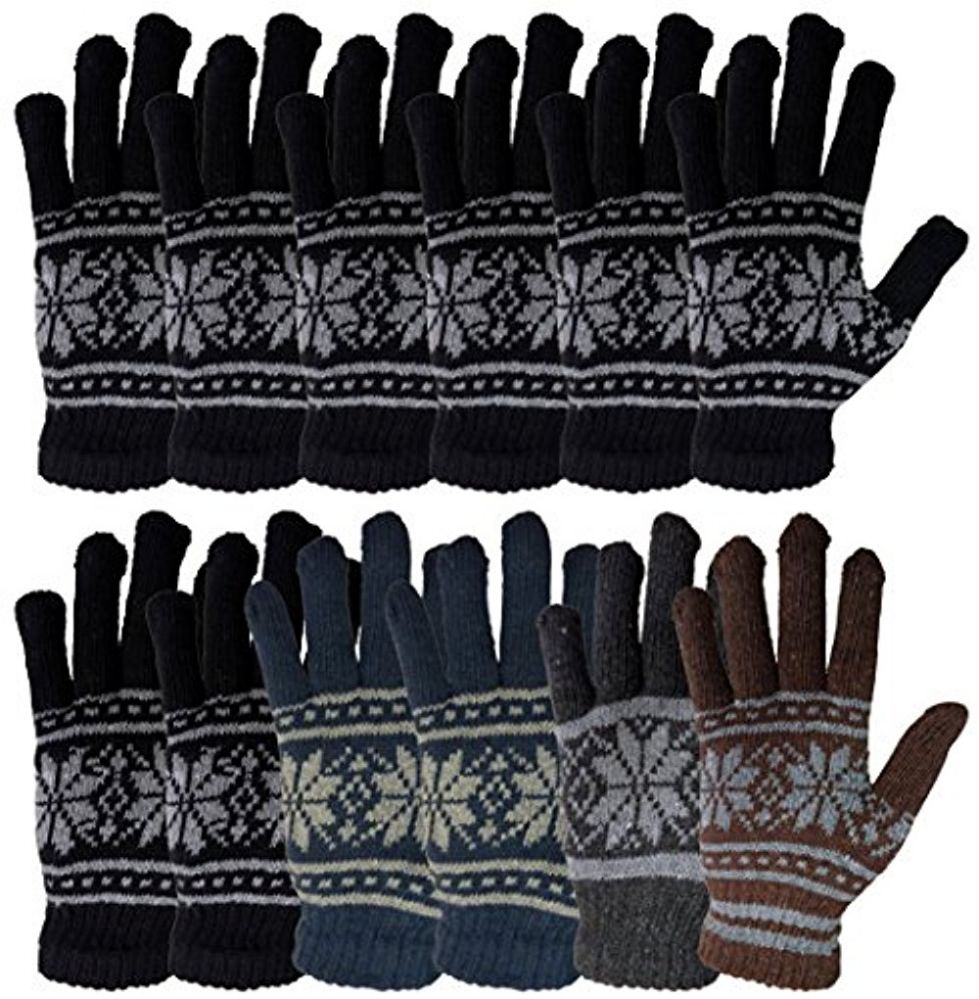 12 Wholesale Yacht & Smith Snowflake Print Mens Winter Gloves With Stretch Cuff