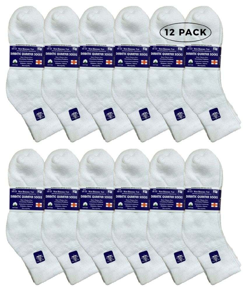 12 Pairs of Yacht & Smith Men's Loose Fit NoN-Binding Soft Cotton Diabetic Quarter Ankle Socks,size 10-13 White