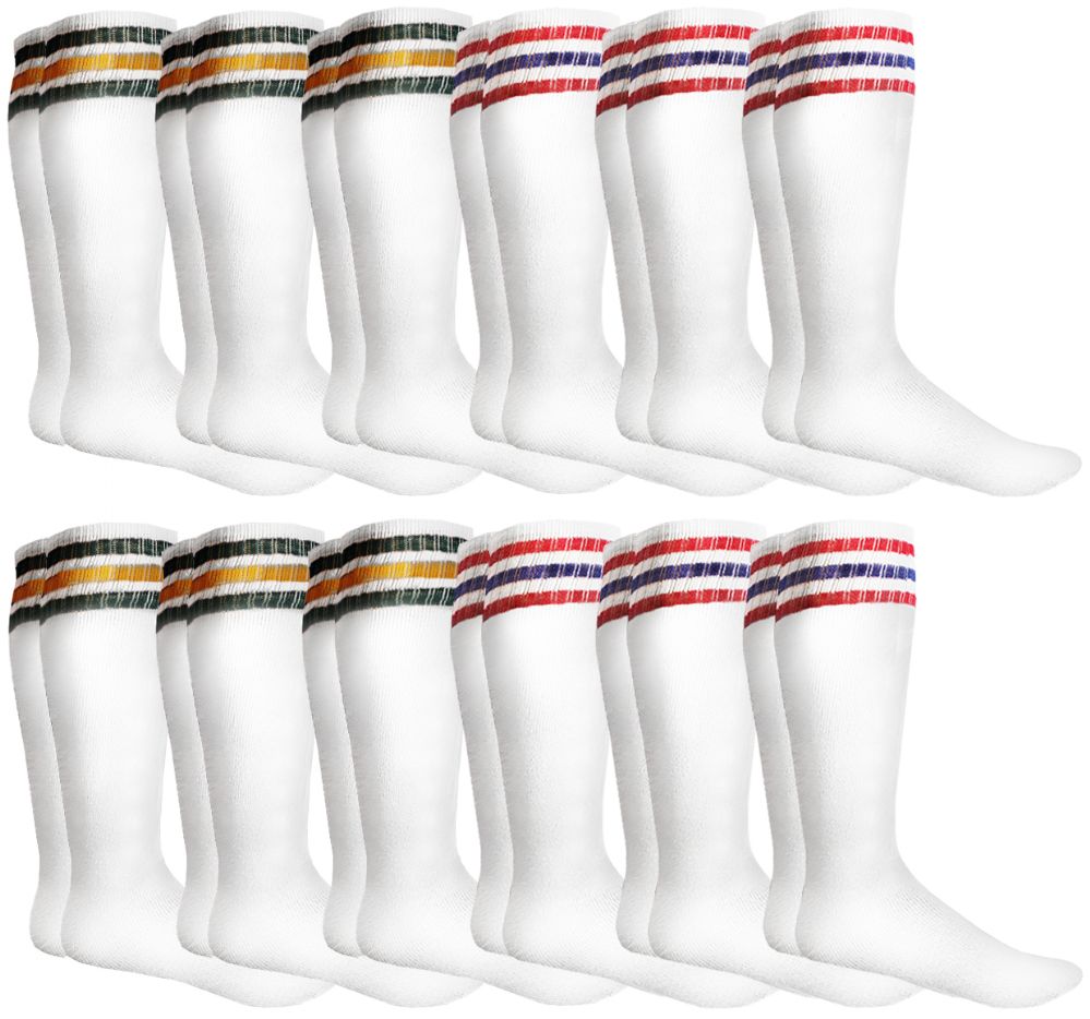 12 Pairs of Yacht & Smith Men's Cotton Terry Tube Socks, 30 Inch Referee Style, Size 10-13 White With Stripes