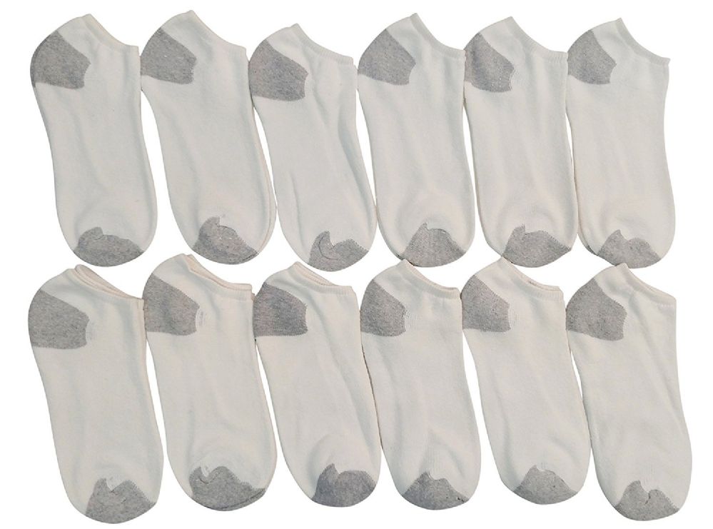 12 Pairs Yacht & Smith Kids No Show Ankle Cotton Value Pack Size 6-8, White With Gray Heel And Toe - Girls Ankle Sock