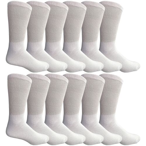 12 Pairs of Yacht & Smith Men's Loose Fit NoN-Binding Soft Cotton Diabetic Crew Socks Size 10-13 White