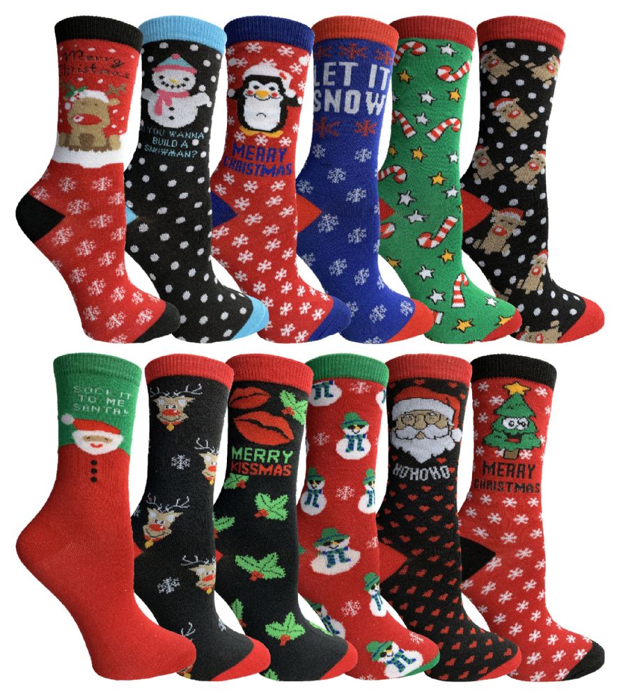 12 Pairs Yacht & Smith Christmas Holiday Socks, Sock Size 9-11 - Womens Crew Sock