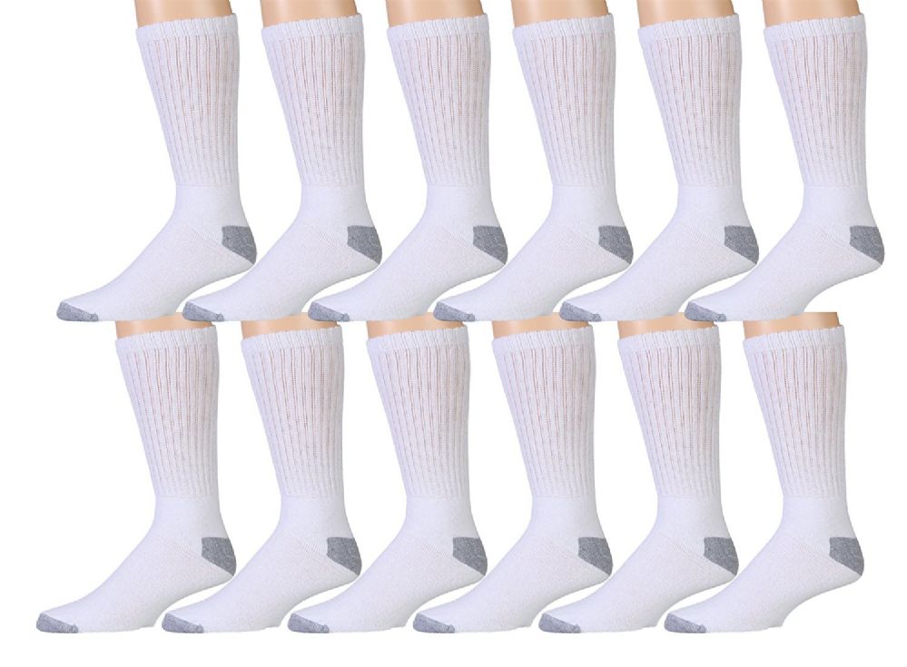 12 Pairs of 12 Pairs Of Wsd Mens Cotton Crew Socks, Solid, Athletic (white W/ Gray Heel & Toe)