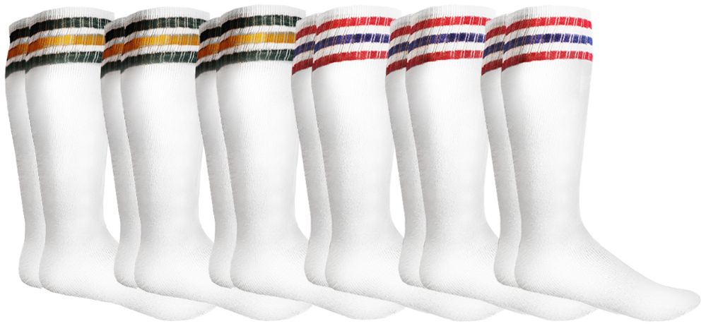 6 Wholesale Yacht & Smith Men's Cotton Terry Tube Socks, 30 Inch Referee Style, Size 10-13 White With Stripes