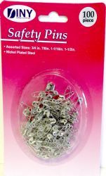 144 Pieces of 100 Piece Assorted Sizes Nickel Plated Steel Safety Pins