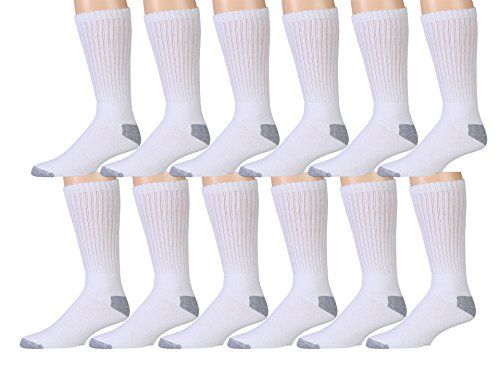 12 Pairs Yacht & Smith Mens Soft Cotton Terry Crew Socks With Gray Heel And Toe, Sock Size 10-13, White - Mens Crew Socks