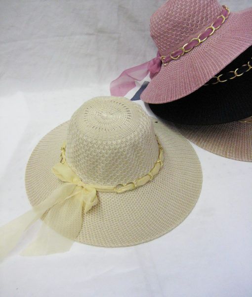 36 Wholesale Womens Summer Sun Hat With Ribbon And Chain
