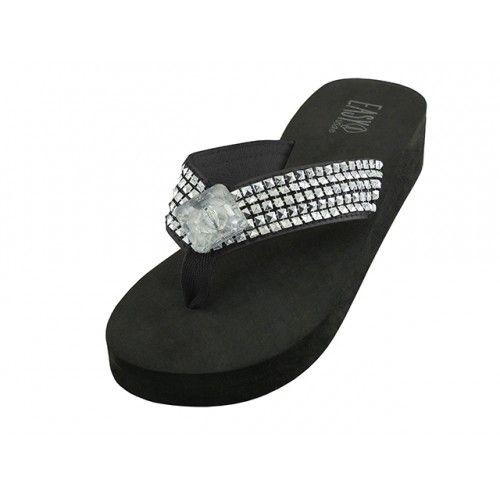 Wholesale Footwear Women's Wedge Rhinestone Thong Sandals Black Color