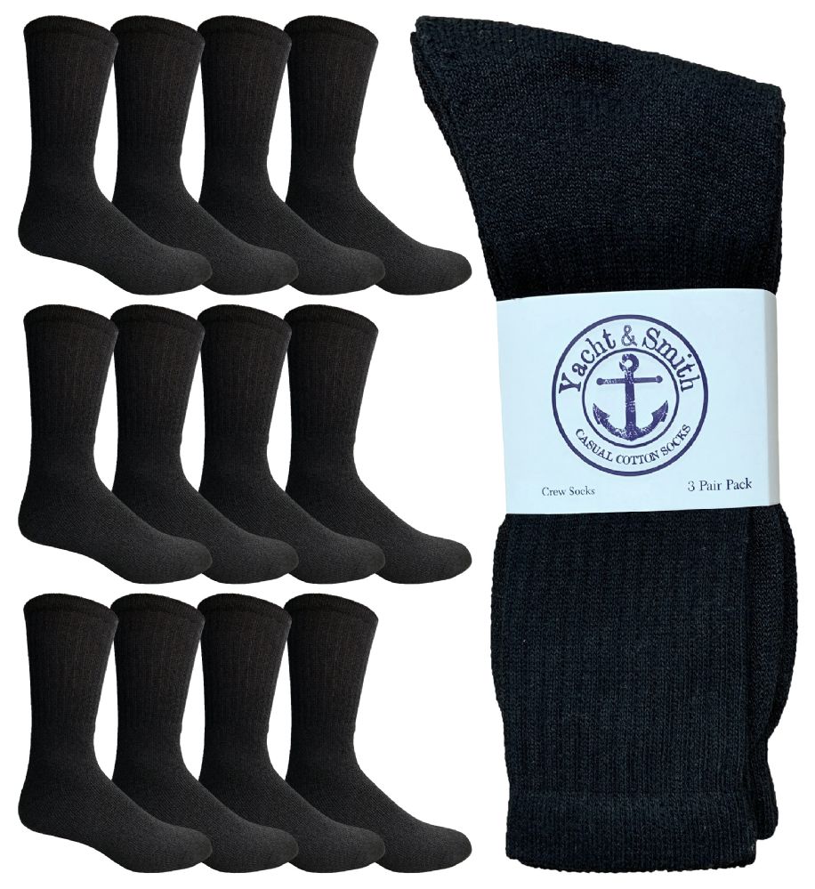 12 Pairs of Yacht & Smith King Size Men's Crew Socks Cotton Terry Cushioned Solid Black Size 13-16