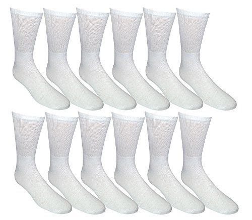 12 Pairs of Yacht & Smith Men's Cotton Diabetic Crew Socks Loose Fit NoN-Binding White King Size 13-16