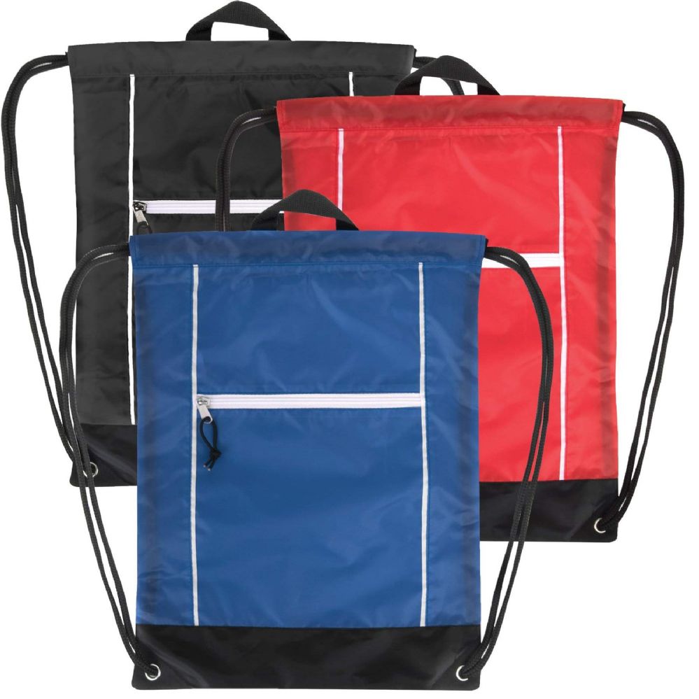 48 Wholesale 18 Inch Front Zippered Drawstring Bag - 3 Color Assortment