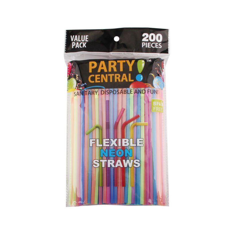 48 Wholesale 200 Pack Party Central Flexible Neon Straw