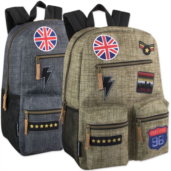 24 Wholesale 18 Inch Multi Pocket Backpack With Real Patches & Brass Zippers