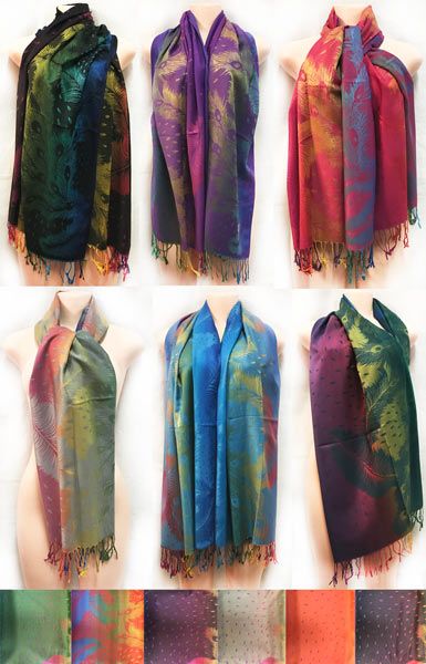 12 Pieces of Wholesale Multicolor Feather Pattern Large Pashmina Scarves