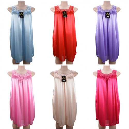 24 Wholesale Women Pajama Night Gown No Sleeve Lace Shoulders