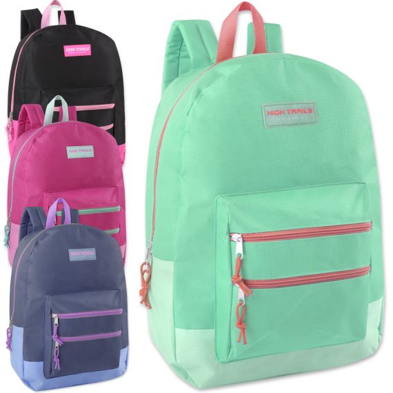 Lot of 24 Wholesale Backpack Bulk 18" High Trails 18 Inch Double Zipper 4 Colors 