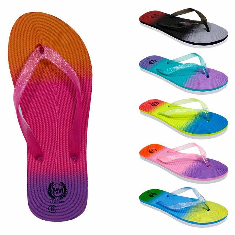 72 Wholesale Womens Flip Flops Wieth Dual Layer Heel And Sparkle Straps Rainbow Print At 1056