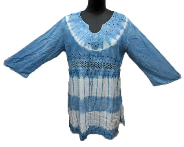 36 Pieces of Women's Rayon ShorteR-Length Tunic Tops With Embellished Neckline - Denim Wash - Assorted Colors - Size SmalL-xl