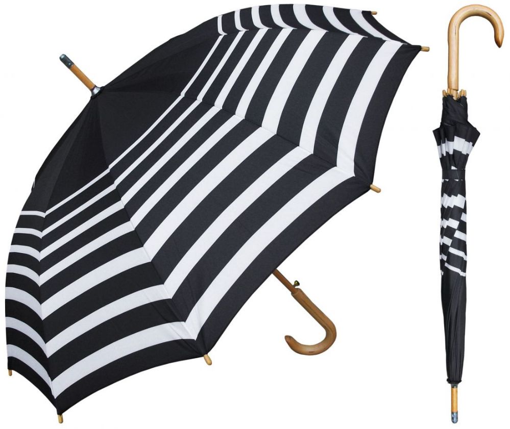 6 Wholesale 48" AutO-Open Black & White Stripe Print Doorman Umbrellas W/ Wood Hook Handle